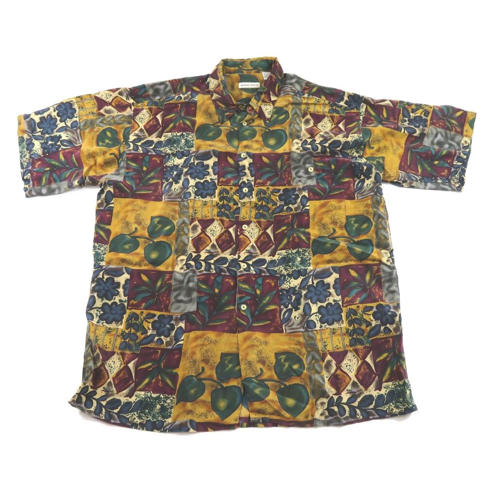 Burma and Bibas Silk Shirt Abstract Floral Design Purple Beige Green Sz XL 1990s